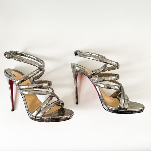 Christian Louboutin Cleissimo Leather Silver Sandals Heels Size 37, 7 - Picture 2 of 10